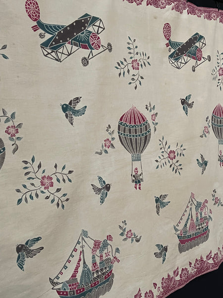 Antique Hand Painted Batik Skirt Panel with Hot Air Balloons Planes & Ships: C20th Java, Indonesia