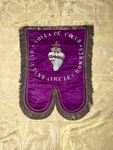 Antique Silk Embroidered Ecclesiastical Wallhanging Banner with Stumpwork Heart: C19th France