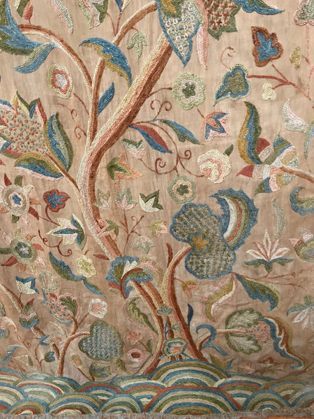 Antique Jacobean Revival Tree of Life Crewelwork Wall Hanging: C1900 Kashmir, India