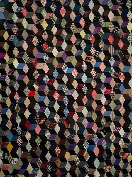 Antique Silk Tumbling Blocks Patchwork Quilt: C19th Britain