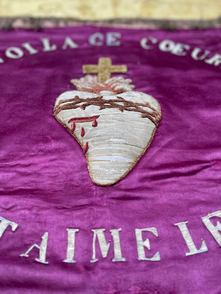 Antique Silk Embroidered Ecclesiastical Wallhanging Banner with Stumpwork Heart: C19th France