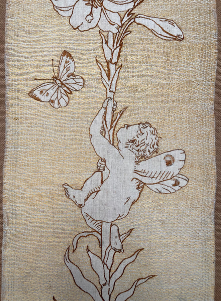 Antique Art Nouveau Silk Embroidery with Cupid & Lily in the manner of Walter Crane: C1900 England