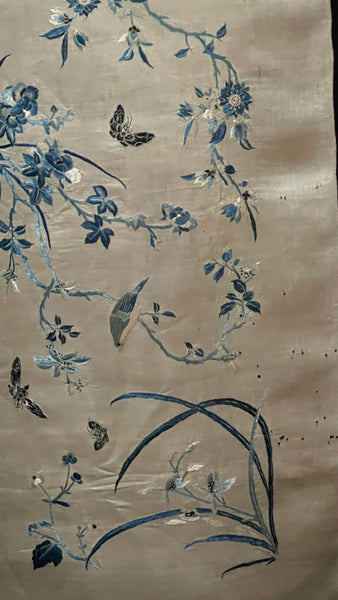 Fine Chinese Silk Embroidered Panel with Birds, Butterflies and Florals: C19th China