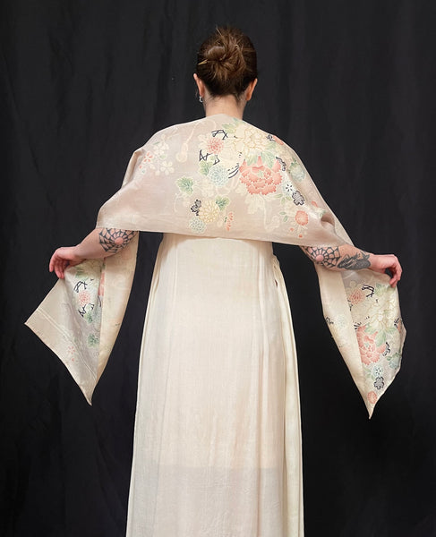 Antique Traditional Handpainted & Stencilled Silk Brocade Stole or Scarf: C1900 Japan