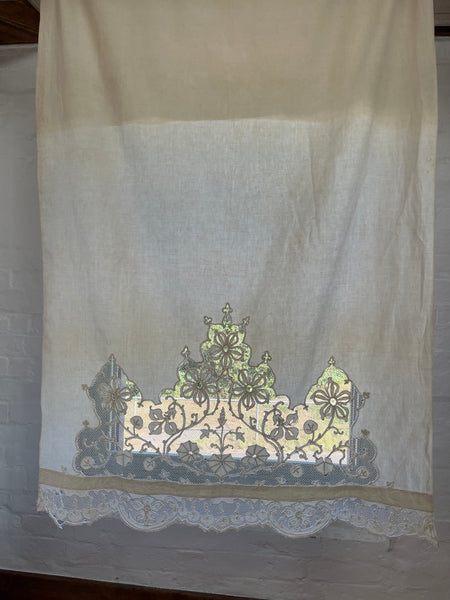 A Pair of Art Nouveau Cutwork and Embroidered Chateau Window Curtain Panels: C1900 France