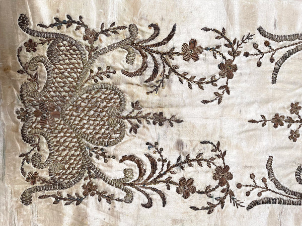 Antique Ottoman Silver Thread Embroidered Panel: C19th Turkey