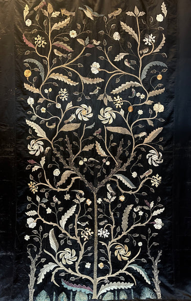 Antique Hand Embroidered Tree of Life Silk Wallhanging with Birds & Flowers: C19th Anglo Indian