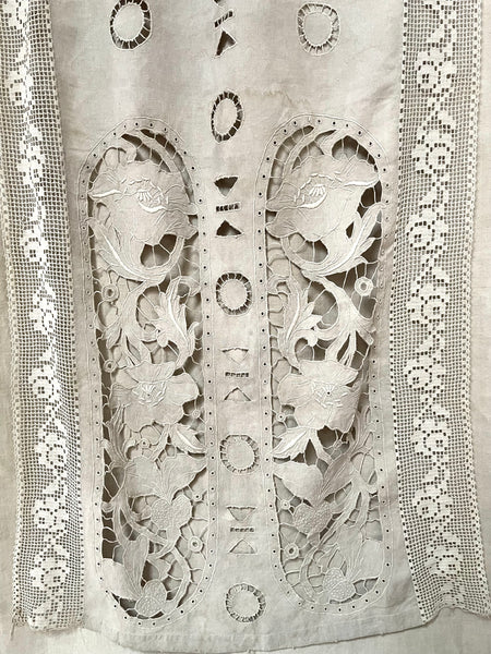 Antique Cutwork Embroidered Richelieu Lace Wallhanging Curtain Panel: C1900 - 1910 France