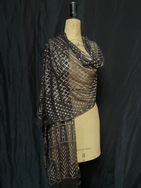 Art Deco Assuit Shawl Hand Embroidered Black with Silver Metal Thread: C1920 Egypt