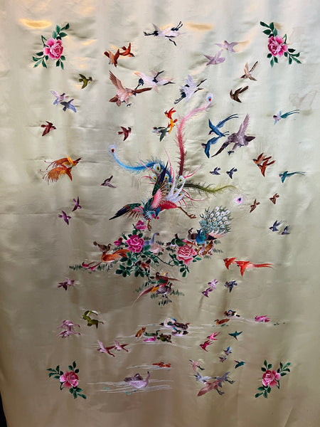 Antique Silk Embroidered Wallhanging with Exotic Birds: C20th China for export