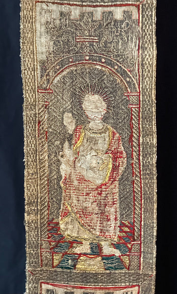 Rare Tudor Orphrey Silk and Metal Thread Embroidered Panels with Iconography Saints: C16th England