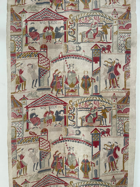 Antique Printed Linen Wallhanging Inspired by Bayeux Tapestry: C1920s Britain