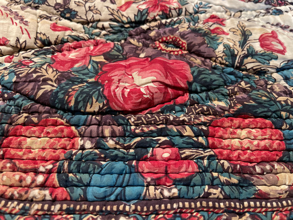 Antique Quilted Block Print & Hand Painted Floral Mezzaro Border: C19th Europe
