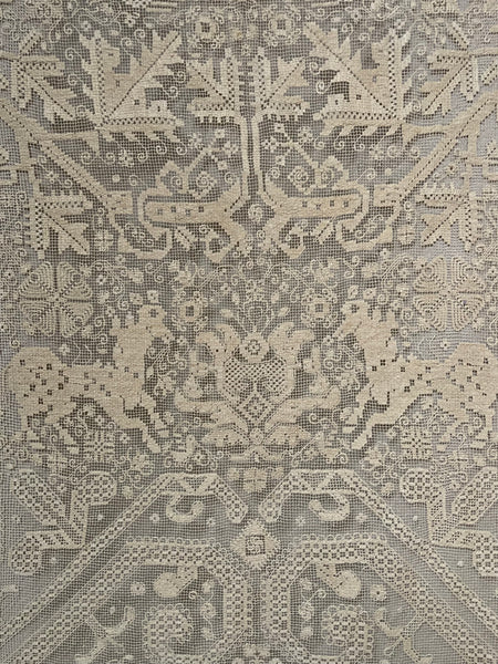 Antique Early Figurative Filet Lace Curtain Mythological Beasts Birds Tree of Life Hand Embroidered: C18th Italy