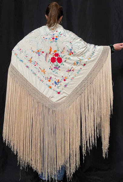 Antique Silk Embroidered Piano Shawl with Birds and Florals: C1920 Canton, China