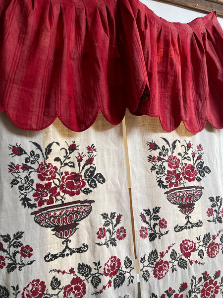 French Pink and Red Striped Ticking Pelmet with Chintz Border: C19th France