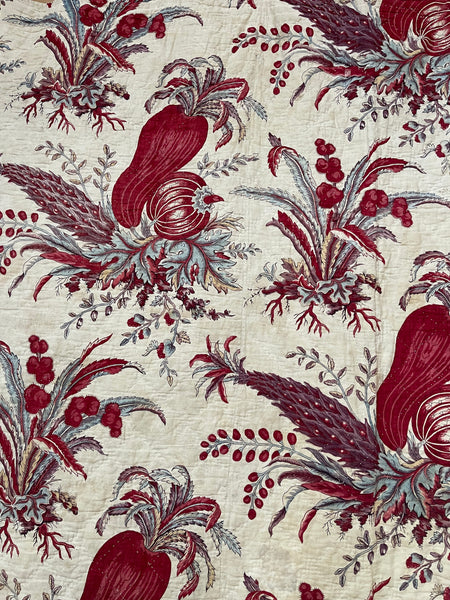 Rare Antique Indiennes Block Print Quilted Panel with Exotic Fruit and Foliage: C18th France