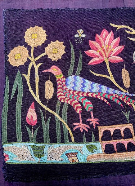 Antique Silk Embroidery with Houseboats, Birds and Florals: Late 19th, Srinagar, Kashmir, India