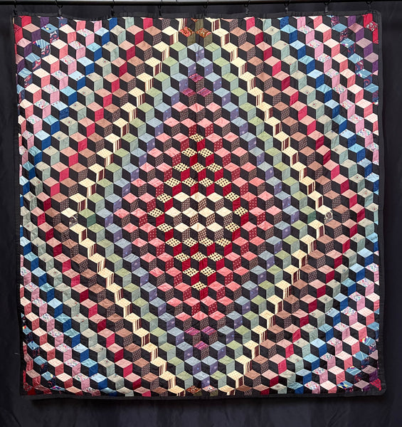 Antique Handmade Tumbling Blocks Silk Patchwork Quilt made with Cravat & Scarf Silks: C1910/20 Britain