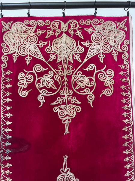 Antique Ottoman Era Magenta Pink Silk Velvet Panel with Traditional Hand Applied Silver Braiding: C19th Algeria