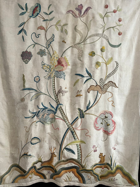 Antique Arts and Crafts Jacobean Revival Crewelwork Tree of Life Wallhanging: Early C20th Britain