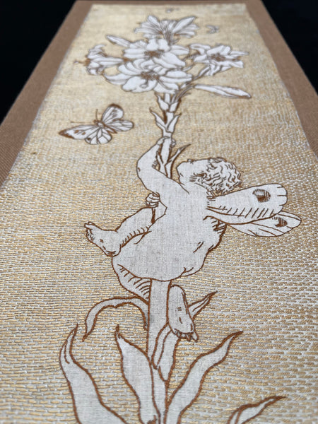 Antique Art Nouveau Silk Embroidery with Cupid & Lily in the manner of Walter Crane: C1900 England