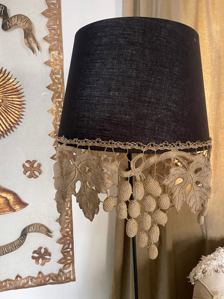 Large Size Lampshade with Antique Richelieu Embroidered Border with Art Deco Stumpwork Grapes: C1920s France