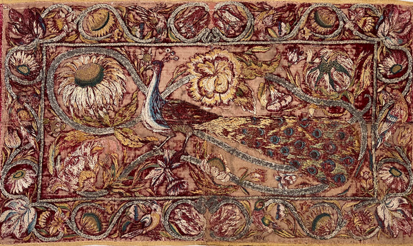 Early Silk and Metal Thread Embroidered Velvet Panel with Peacock and Flowers: C17th Italy or Spain