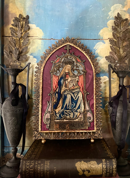 Antique Orphery Embroidery with Mary Queen of Heaven in Gothic Frame: Late C18th / 19th Century England