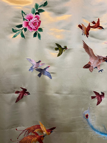 Antique Silk Embroidered Wallhanging with Exotic Birds: C20th China for export