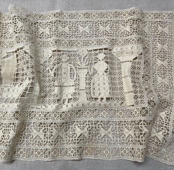 Antique Reticula Needlepoint Figurative Lace Panel Viking Ship: C1910 Europe