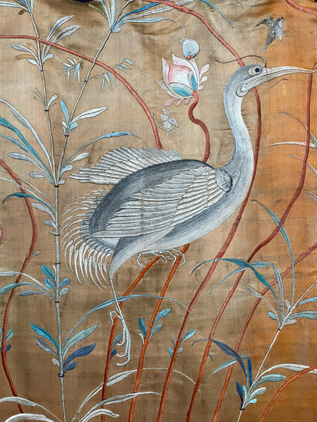 Fine Rare Antique Silk Embroidered Wall Hanging with Flowers, Birds, Insects: C19th Vietnam