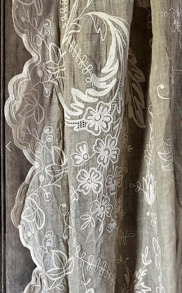 Antique Embroidered Cornely Lace Chateau Curtain Drape: C1900 France