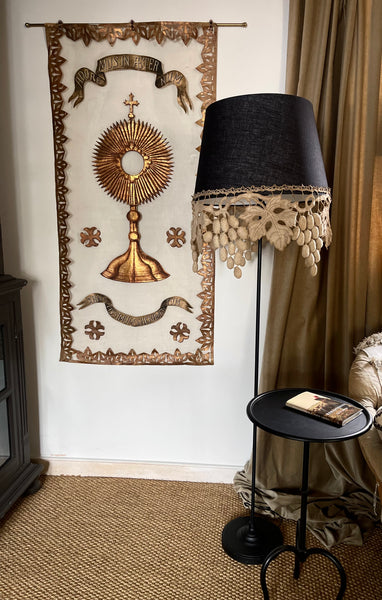 Large Size Lampshade with Antique Richelieu Embroidered Border with Art Deco Stumpwork Grapes: C1920s France
