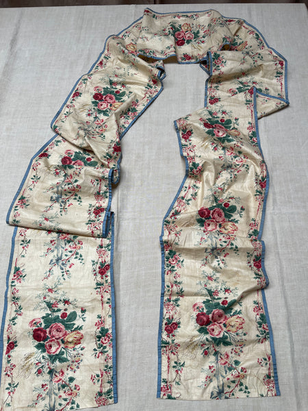 Antique Glazed Chintz Long Panel with Roses & Ribbons: C19th France