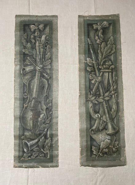 Pair Antique Trompe L’oiel Hand-painted Panels with Neo Classical Music Theme: C19th France