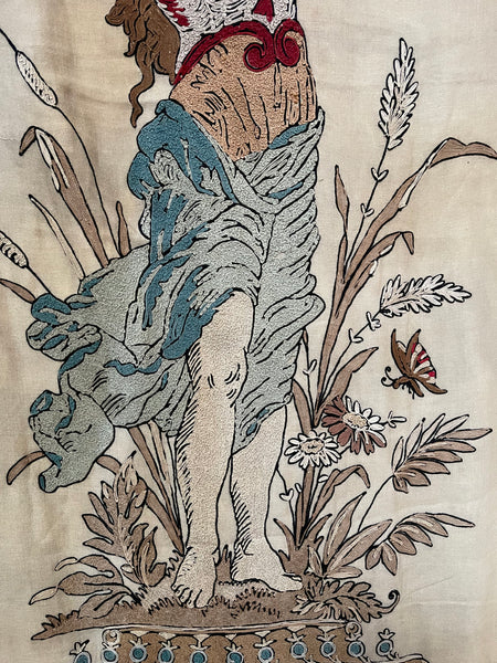 Antique Embroidered Wallhanging with Dancing Figure: C1910 France