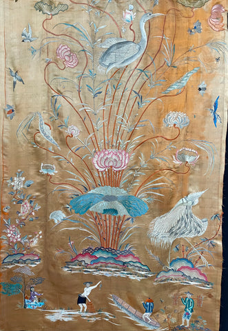 Fine Rare Antique Silk Embroidered Wall Hanging with Flowers, Birds, Insects: C19th Vietnam