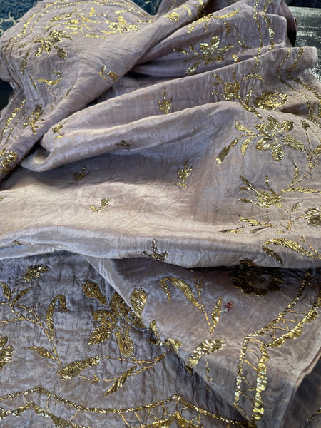 Antique Gold Thread Embroidered Pale Mauve Silk Valance or Pelmet: C19th Ottoman Turkey