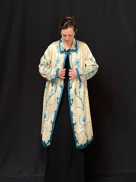 Art Deco Silk Embroidered Coat with Peacock Feathers: C1910 Britain