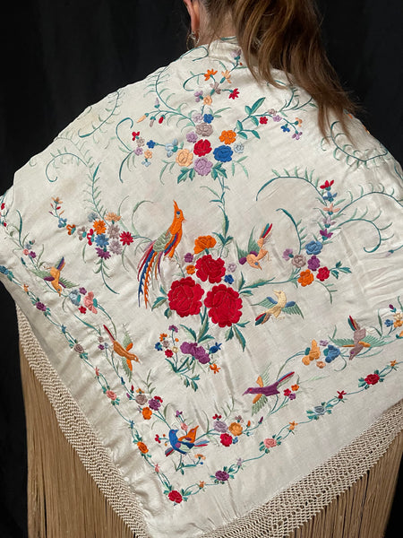 Antique Silk Embroidered Piano Shawl with Birds and Florals: C1920 Canton, China