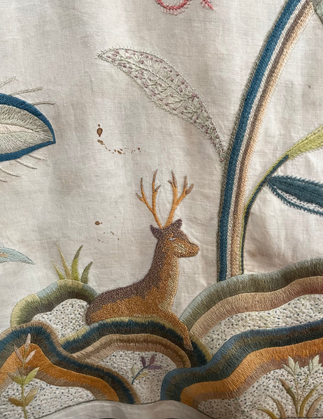 Antique Arts and Crafts Jacobean Revival Crewelwork Tree of Life Wallhanging: Early C20th Britain