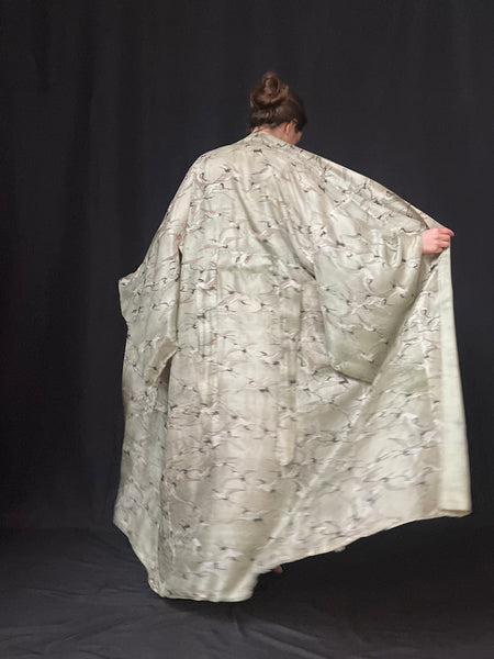 Traditional Eau De Nil Silk Kimono with Crane Print: C1920 Japan