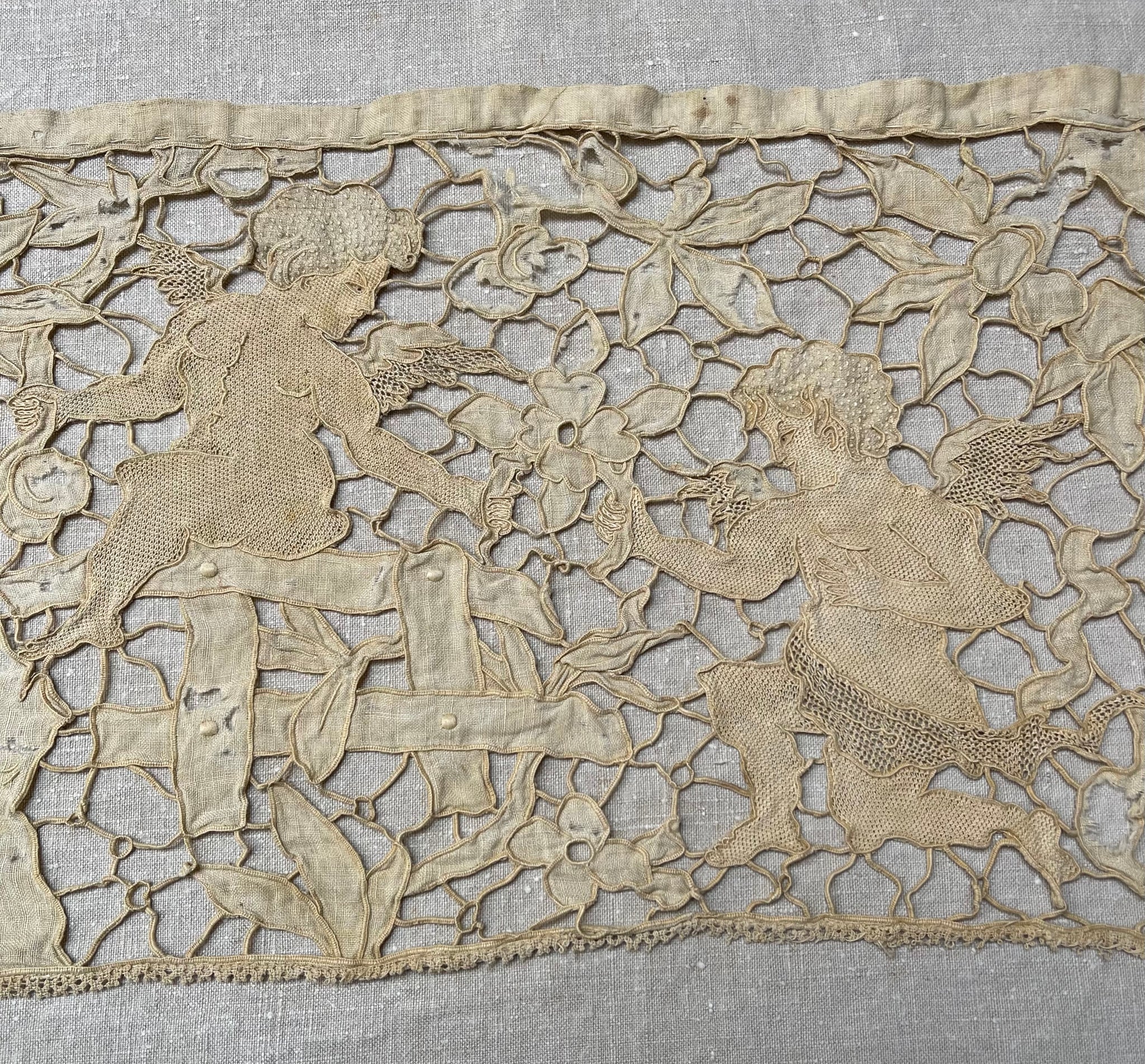 Antique Venetian Needlelace with Cherubs: Late C17th early C18th Venice, Italy