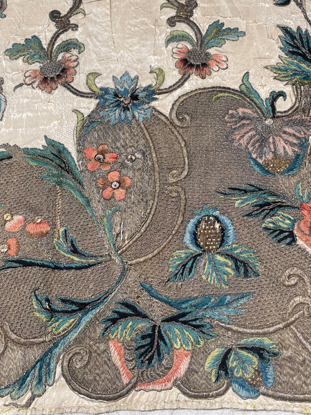 Rare Antique Silk and Gilt Thread Embroidered Apron : C18th England