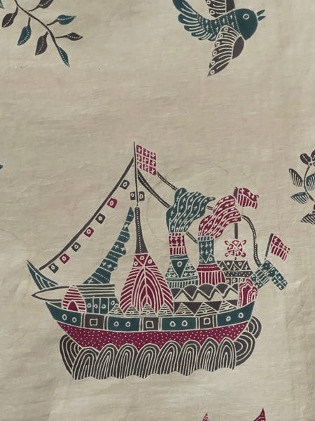 Antique Hand Painted Batik Skirt Panel with Hot Air Balloons Planes & Ships: C20th Java, Indonesia