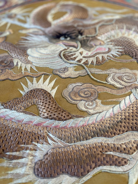 Extraordinarily Fine Stumpwork Embroidered Dragon Chasing Pearl: C1900 Asia