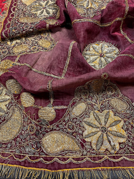 Antique Gold Gilt Thread Embroidered Silk Velvet Cover : C19th India