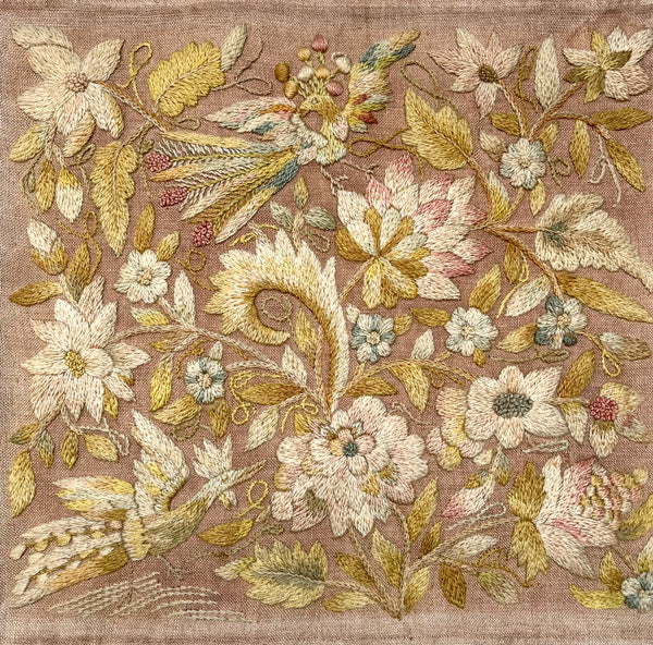 Antique Georgian Crewelwork Embroidery with Birds and Florals: C1700s England