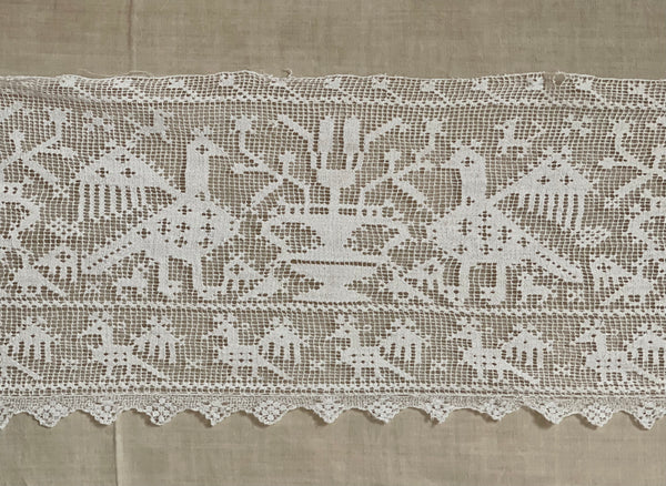 Untitled Antique Filet Lace Valance with Birds & Vases: C19th Europe